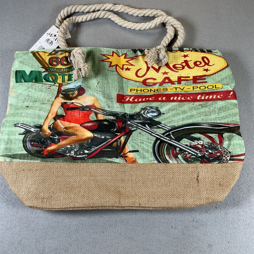 Alfa Bags Route 66 Pinup Motorcycle Tote Large Canvas Jute Rope Handle NWT